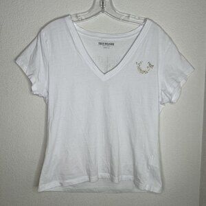 True Religion Shirt Womens L White Studded Horseshoe Script V Neck Logo Tee Top